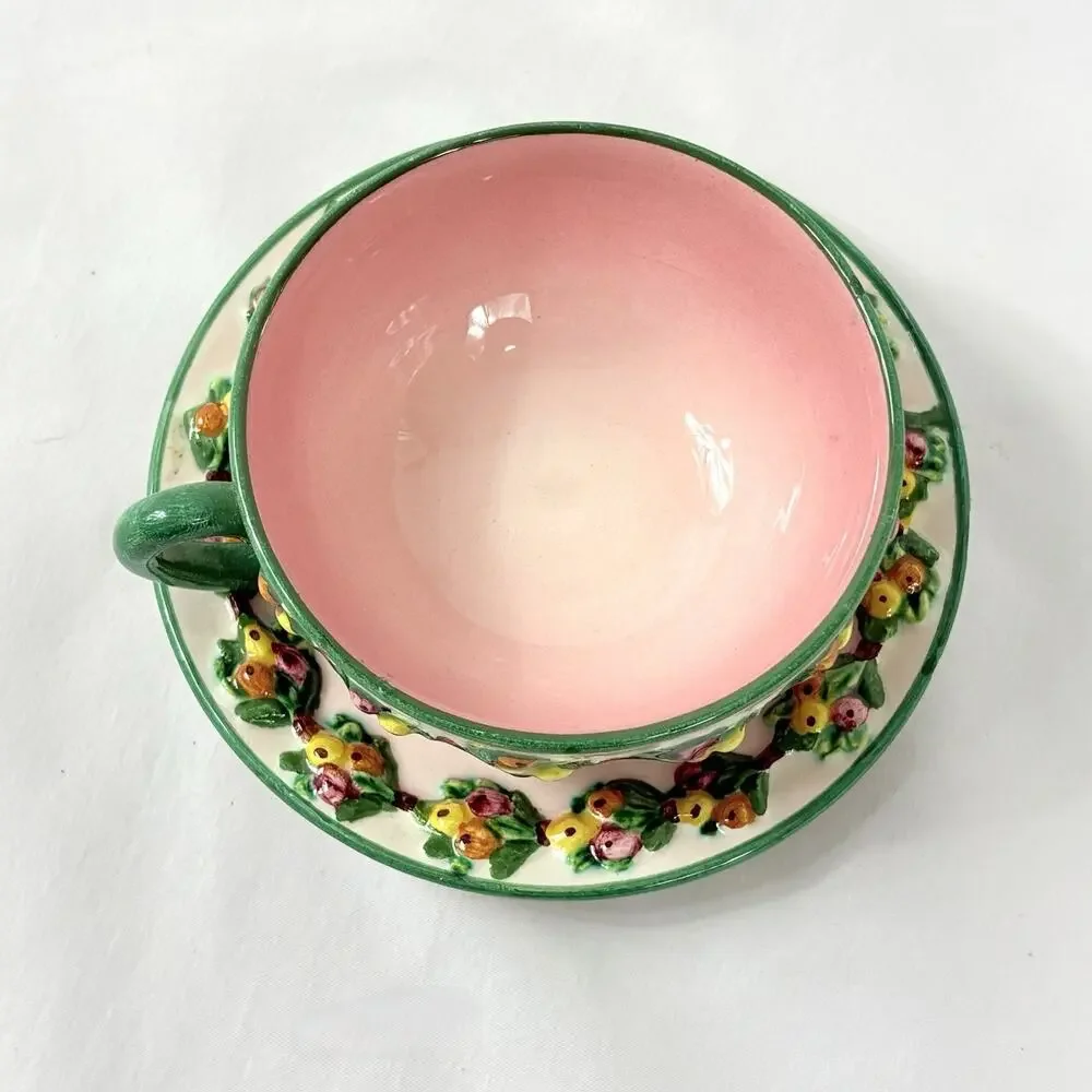 Vtg Italian Majolica Tea Cup & Saucer Pink Fruit Relief Pears Berries Italy 5233